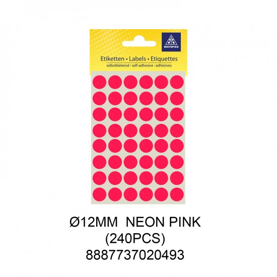 MAYSPIES MS012 COLOUR DOT LABEL / 5 SHEETS/PKT / 240PCS / ROUND 12MM NEON PINK